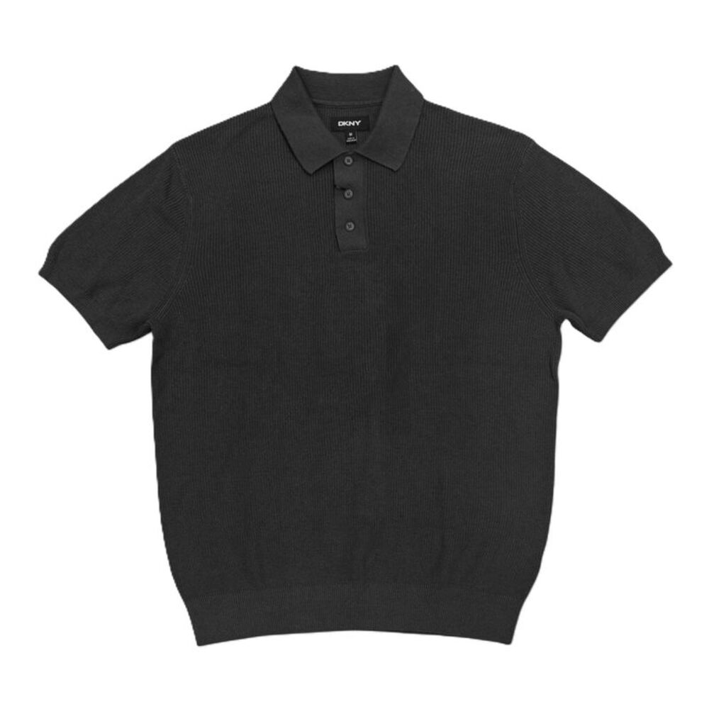 Black - DKNY Men's Short Sleeve Ribbed Knit 3 Button Placket Collared Sweater Po